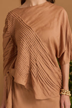 Sand Modal Cotton Pleated Skirt Set with Draped Panel - fabric and embroidery detail | Essence by Monika