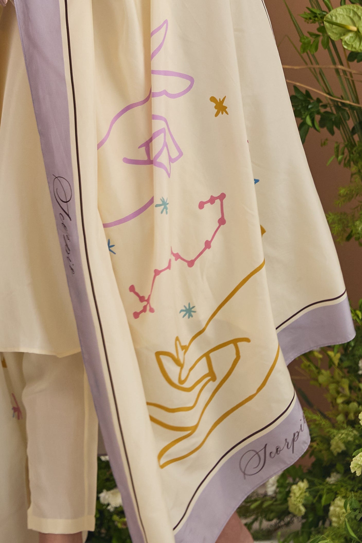 Scorpio Habotai Silk Zodiac Dupatta - fabric and print detail | Essence by Monika