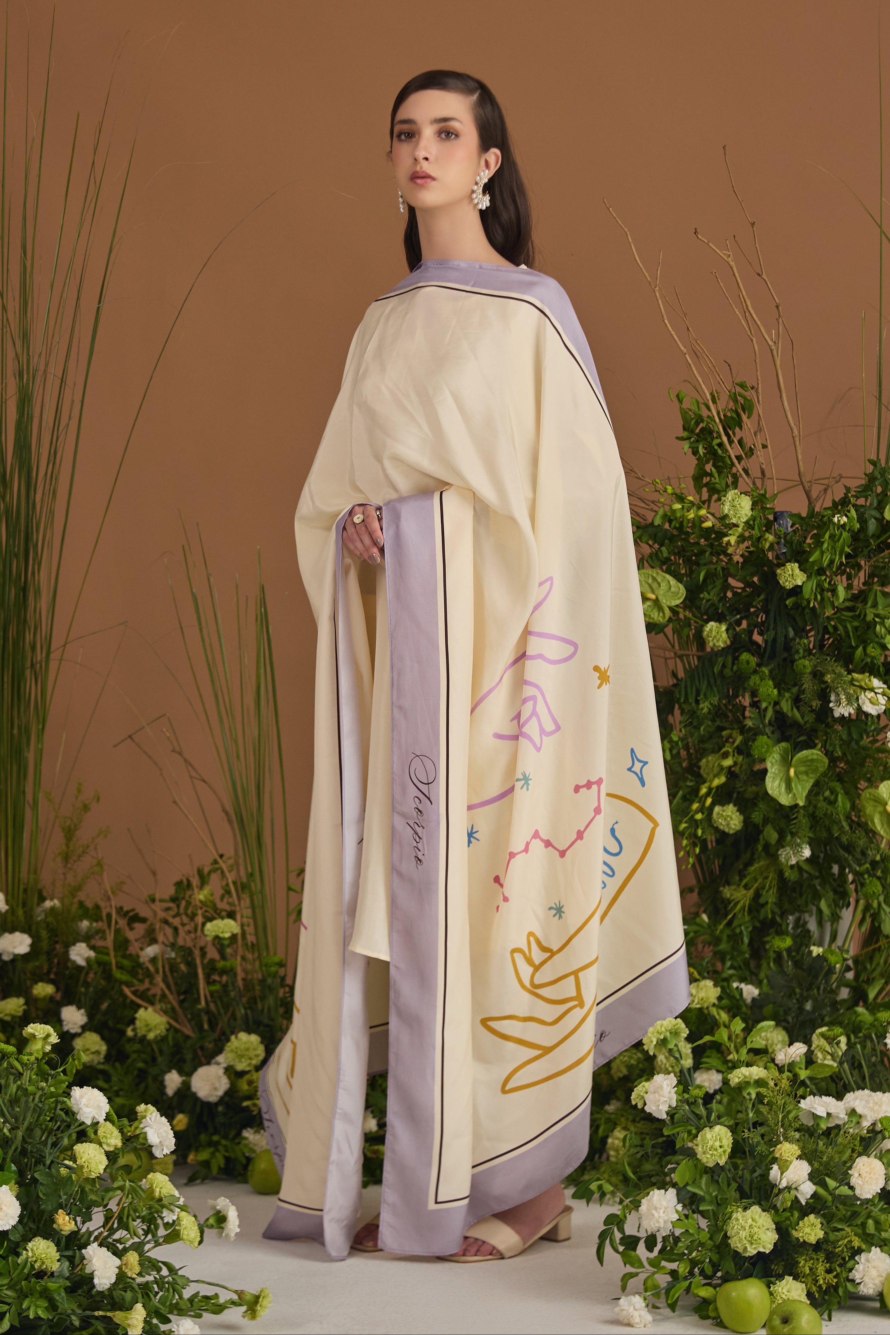 Champagne with lavender border 100% pure Habotai silk Dupatta - front view | Essence by Monika