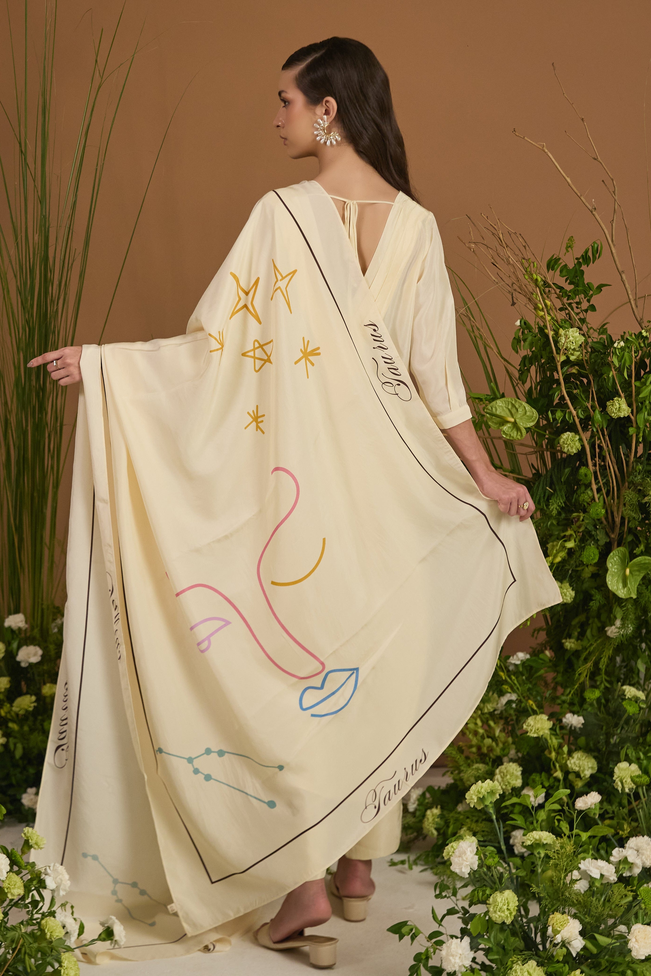Taurus Habotai Silk Zodiac Dupatta - back view | Essence by Monika