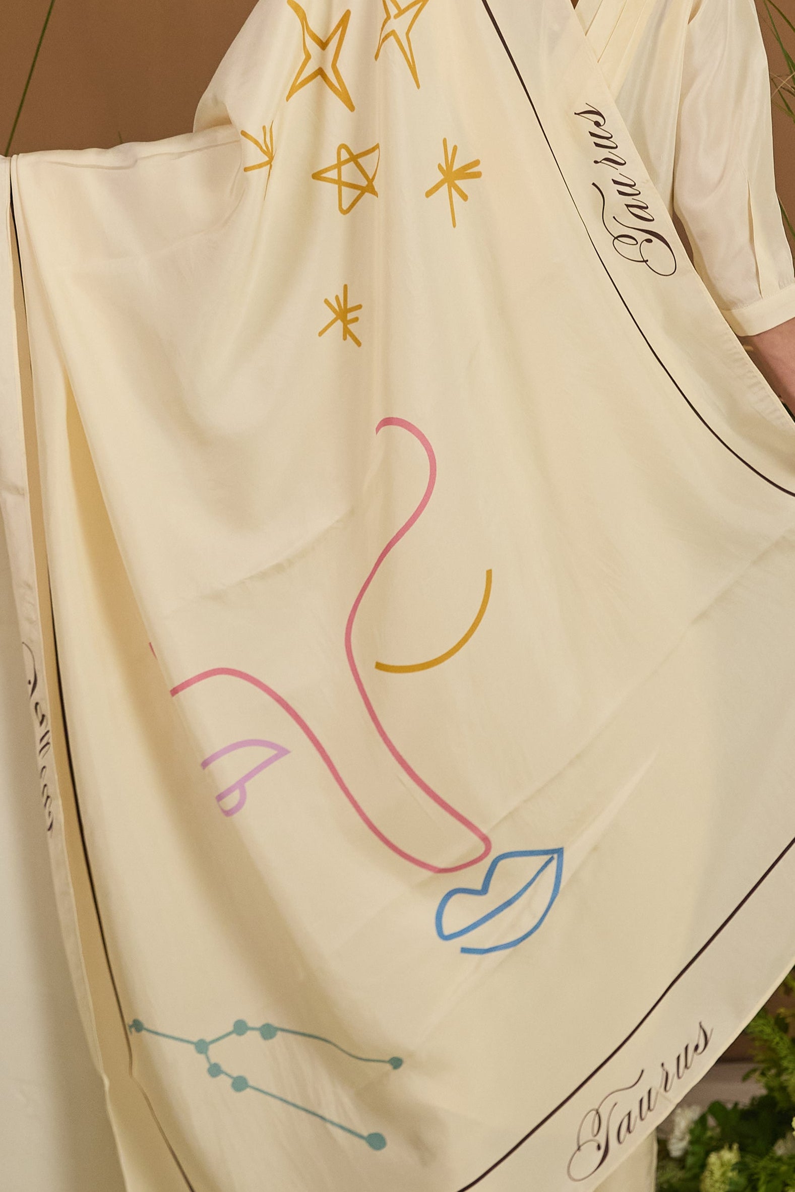 Taurus Habotai Silk Zodiac Dupatta - fabric and embroidery detail | Essence by Monika