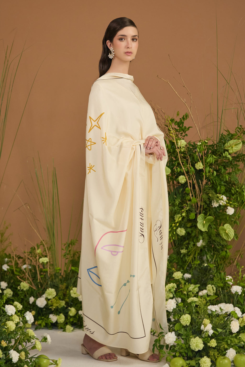 Champagne with champagne border Dupatta - side silhouette | Essence by Monika