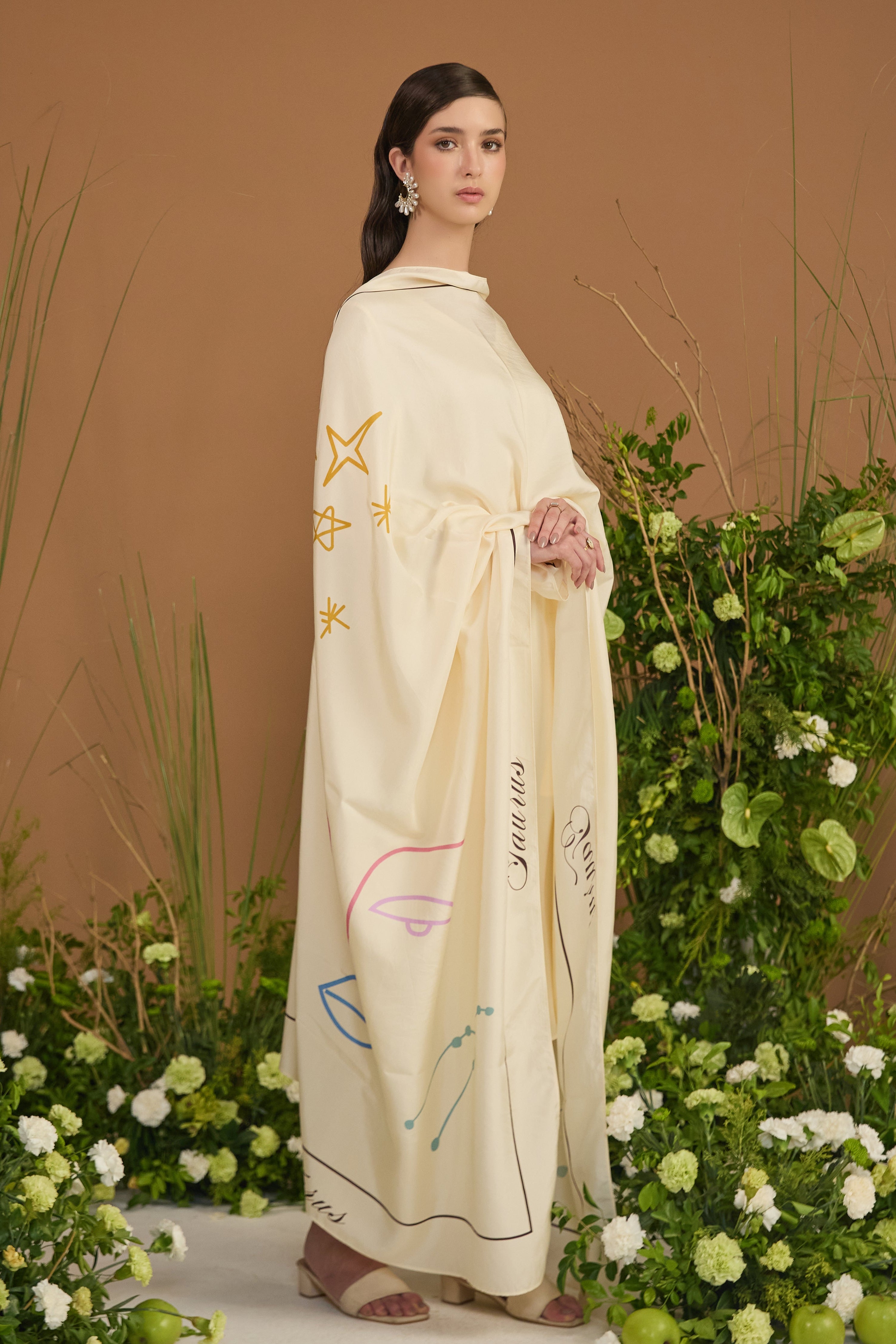 Champagne with champagne border Dupatta - side silhouette | Essence by Monika