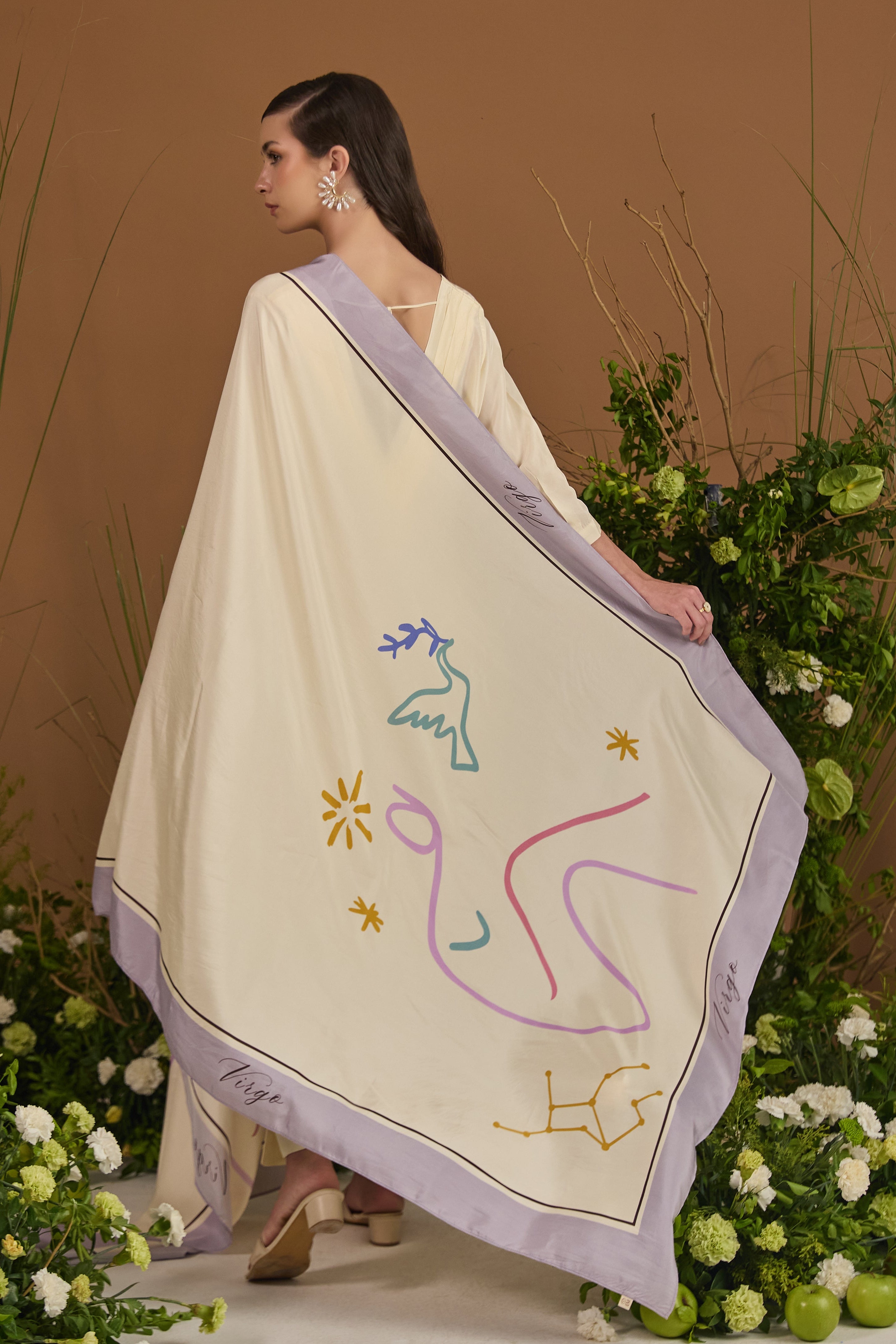 Virgo Habotai Silk Zodiac Dupatta - back view | Essence by Monika