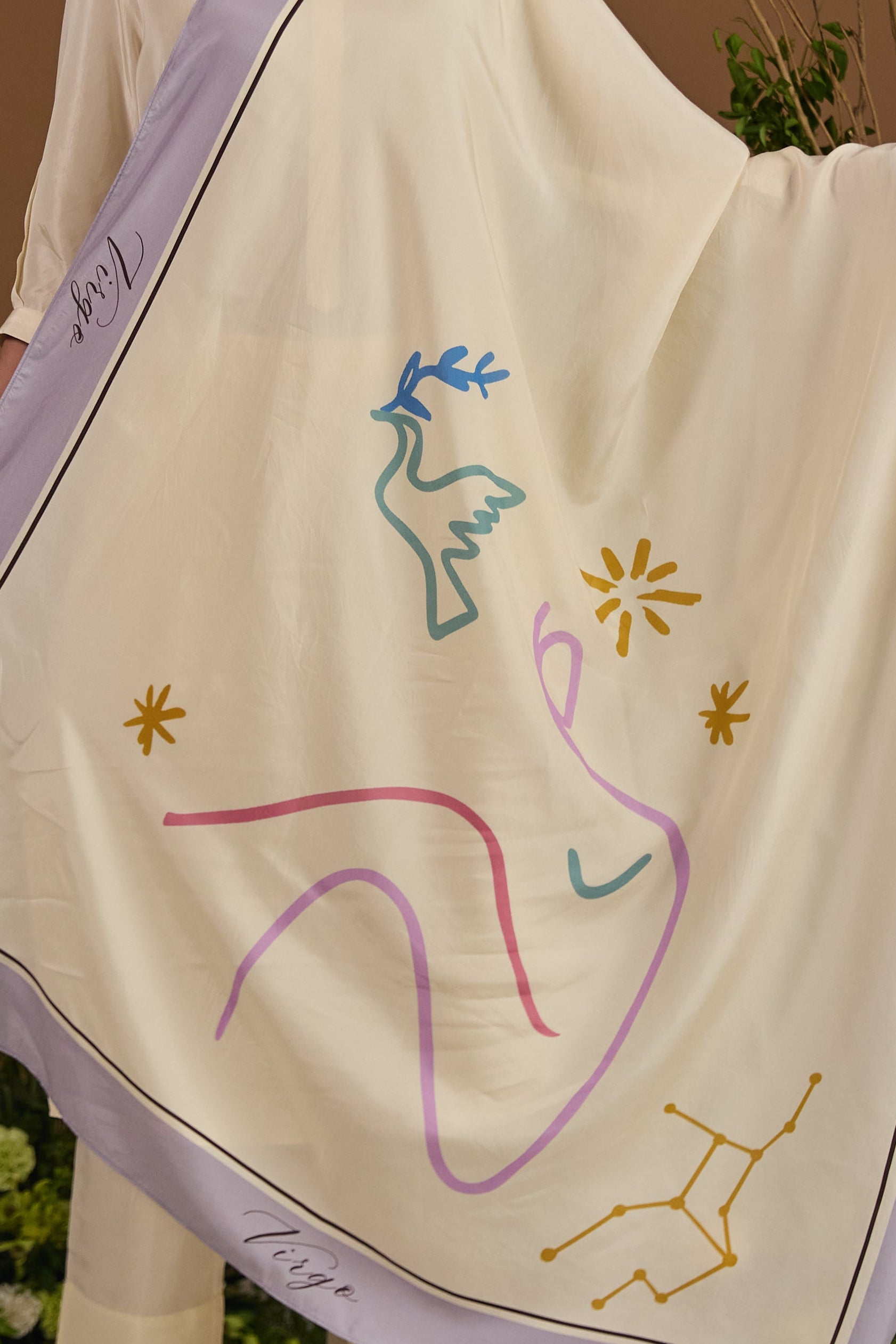 Virgo Habotai Silk Zodiac Dupatta - fabric and print detail | Essence by Monika