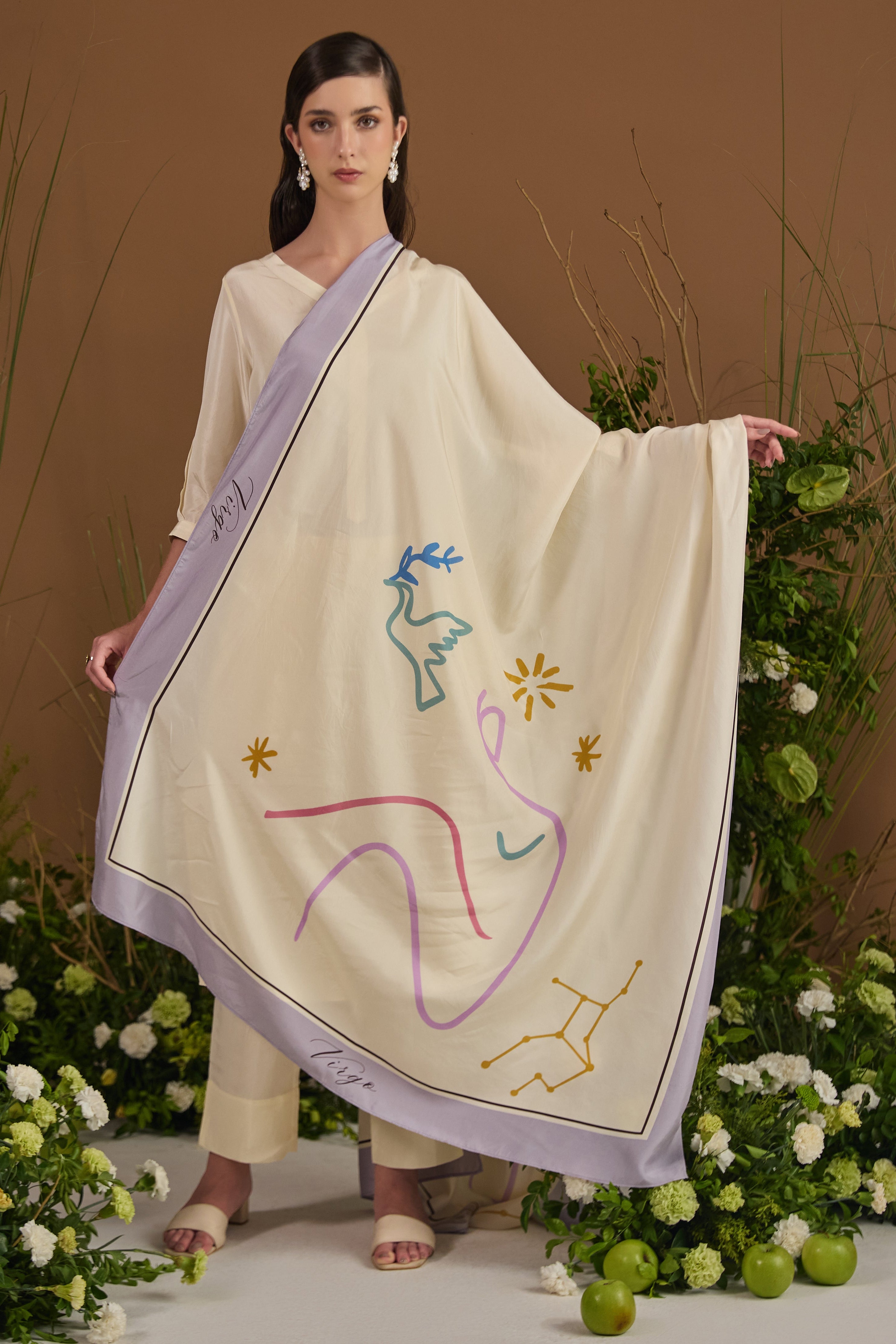 Champagne with lavender border 100% pure Habotai silk Dupatta - front view | Essence by Monika