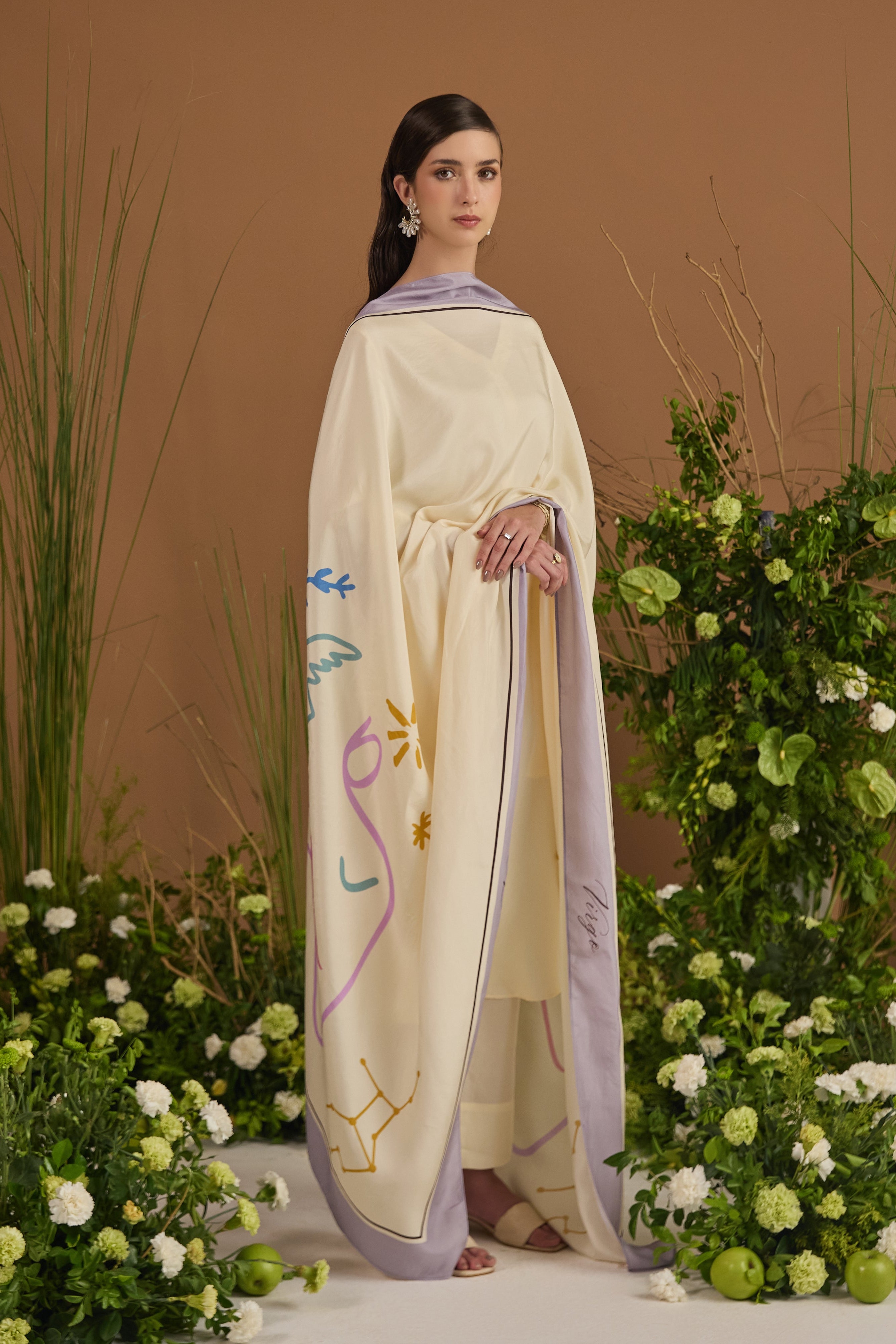 Champagne with lavender border Dupatta - side silhouette | Essence by Monika