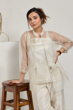 White Chanderi co-ord set with hip-length organza jacket and 3/4 sleeves, side view