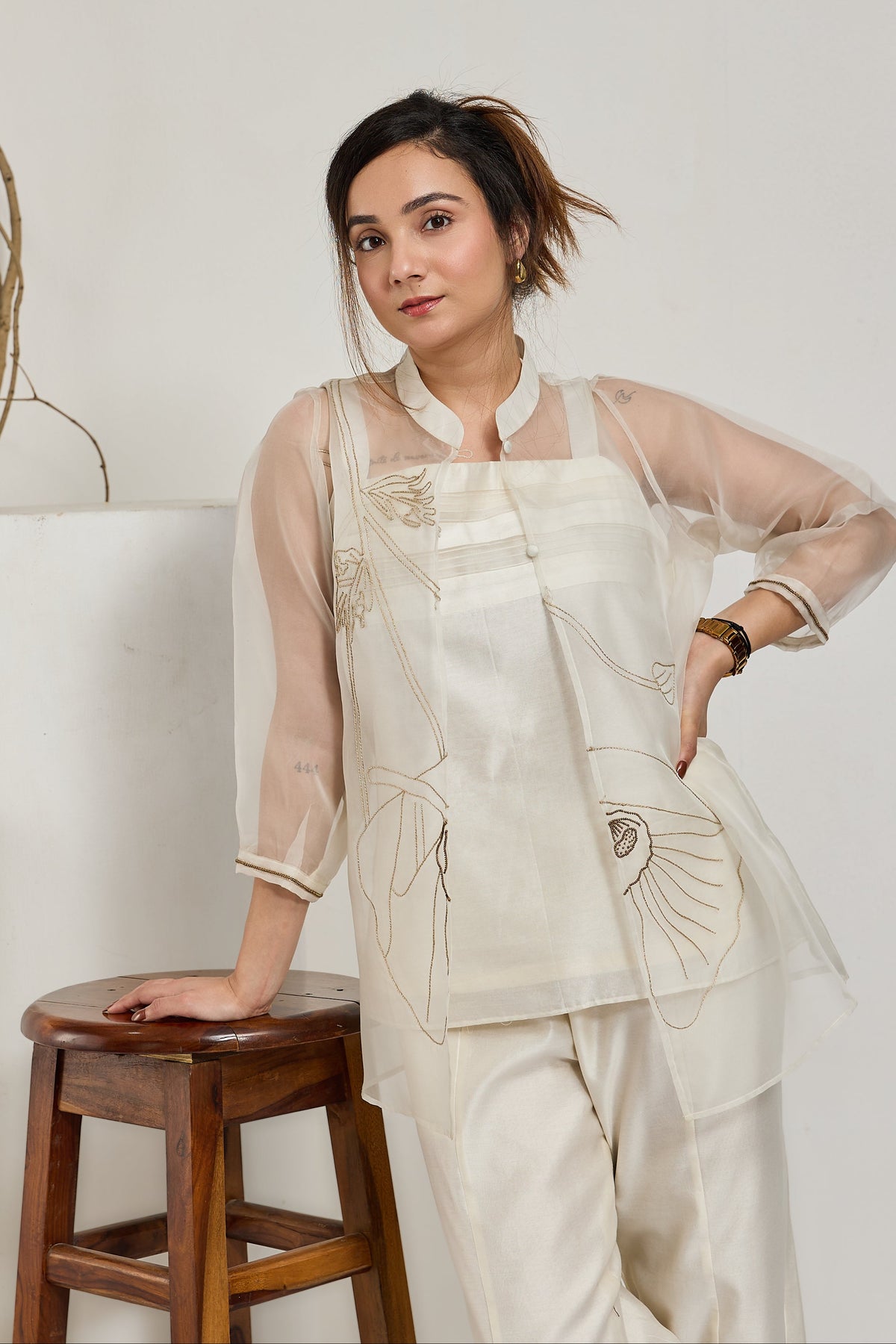 White Chanderi co-ord set with hip-length organza jacket and 3/4 sleeves, side view