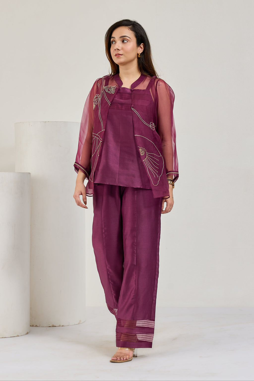 Wine Chanderi top and straight pants with hand-embroidered sheer organza jacket by Essence by Monika, front view