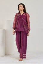 Wine Chanderi top and straight pants with hand-embroidered sheer organza jacket by Essence by Monika, front view