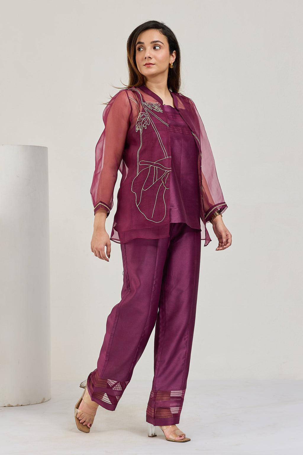 Wine Chanderi co-ord set with hip-length organza jacket and 3/4 sleeves, side view