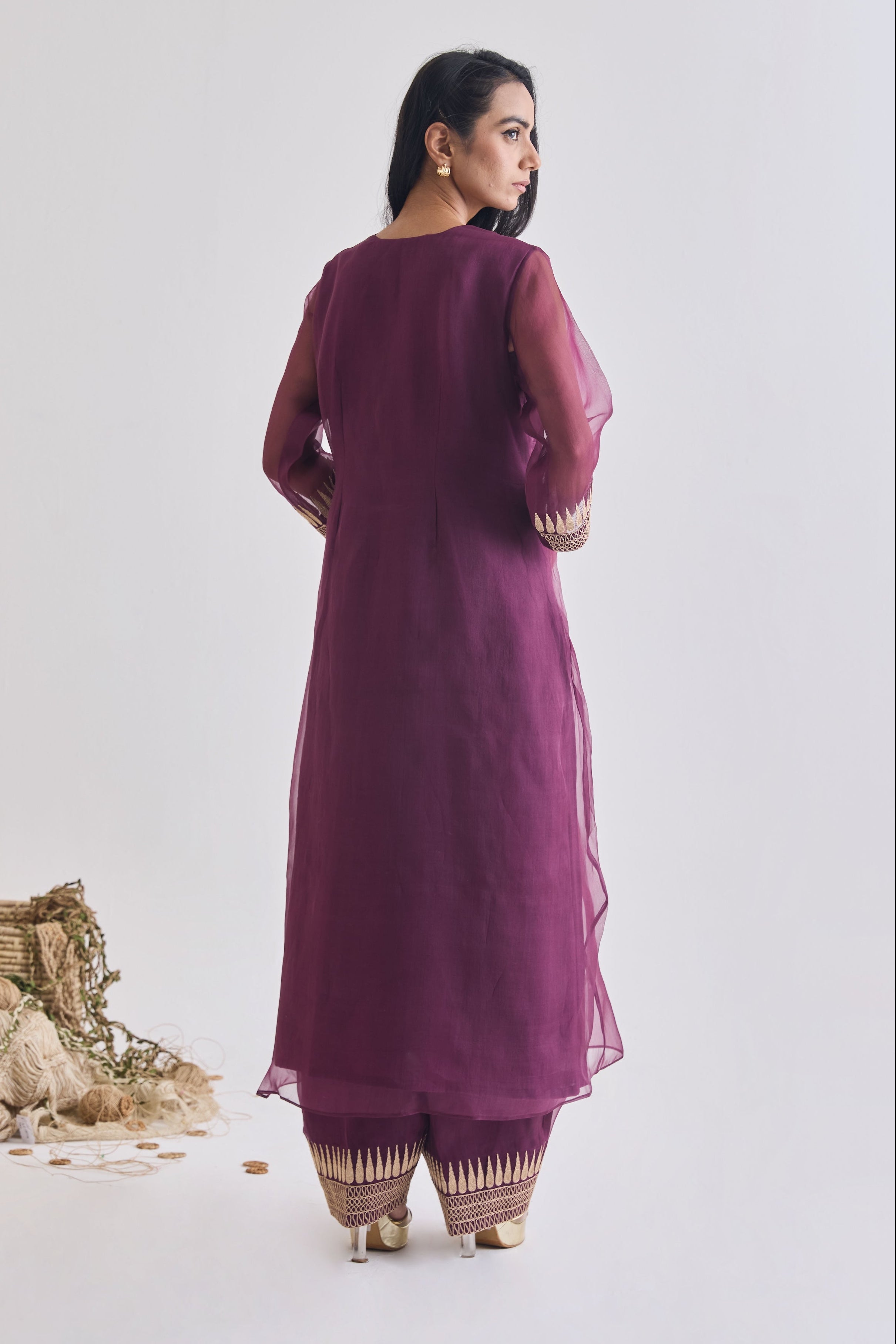 Wine organza 3-piece kurta set, back view | Essence by Monika