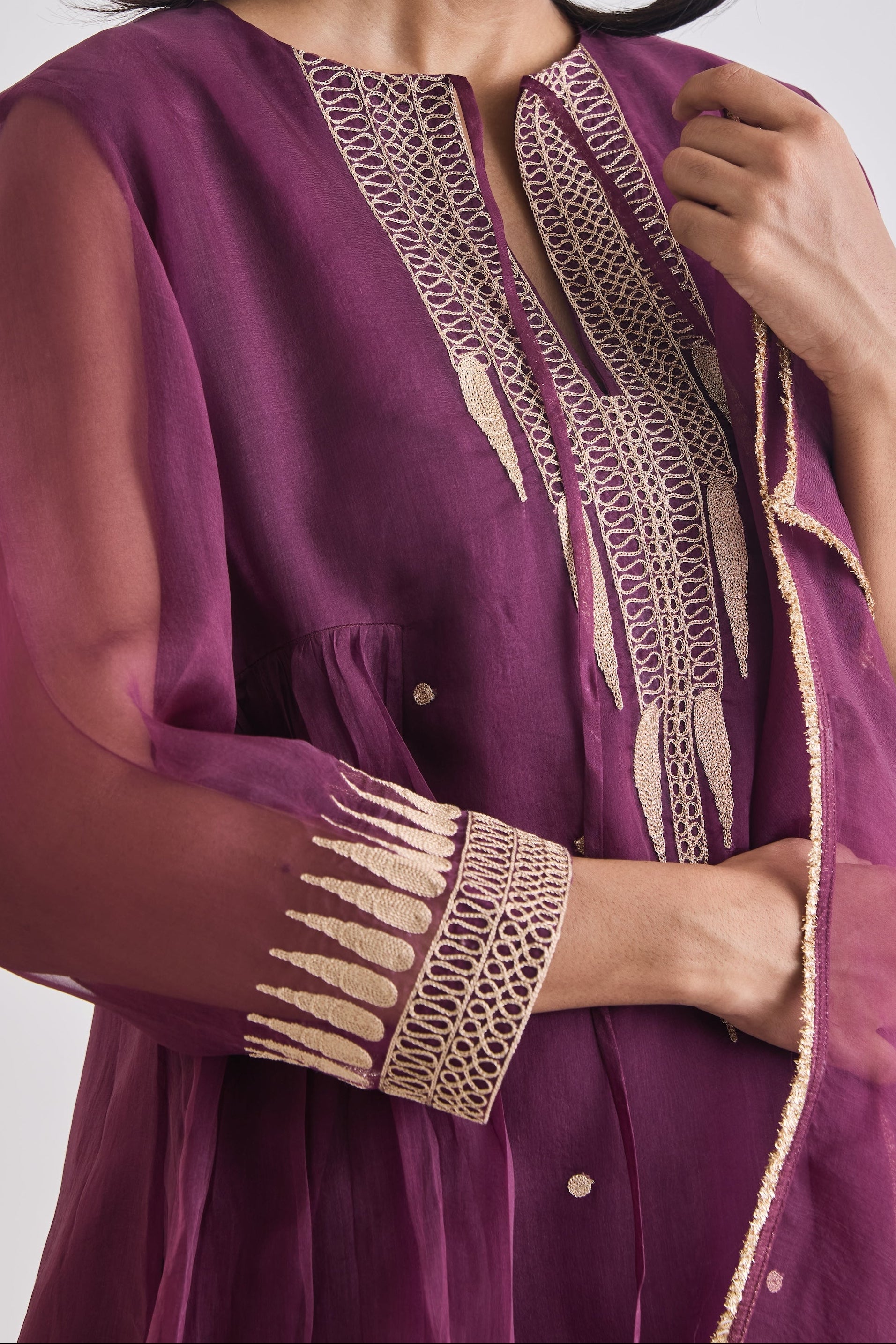 Rose gold temple motif Zari embroidery and French knot detail | Essence by Monika