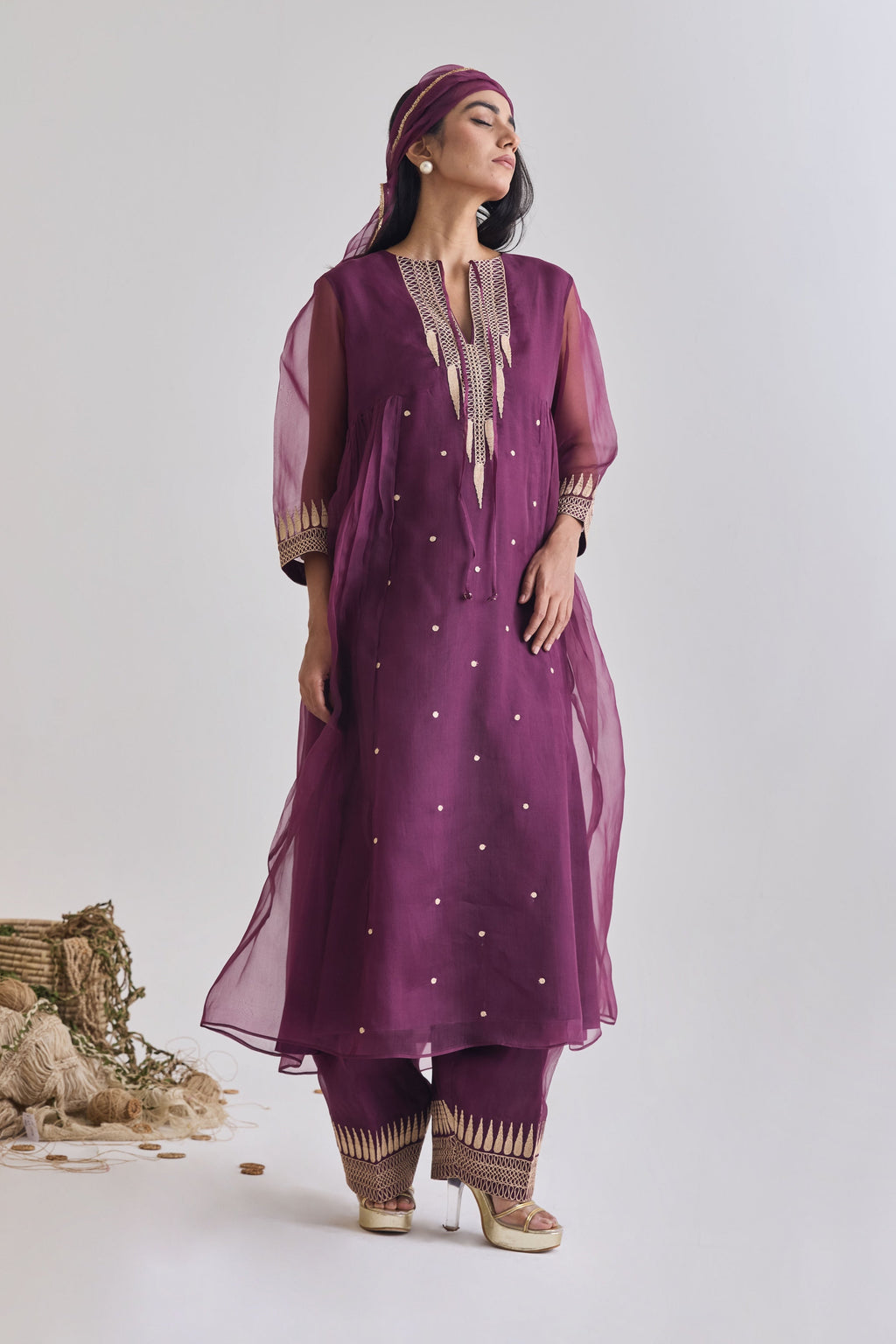 Wine organza Zari temple motif kurta set - front view | Essence by Monika