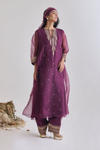 Wine organza Zari temple motif kurta set - front view | Essence by Monika