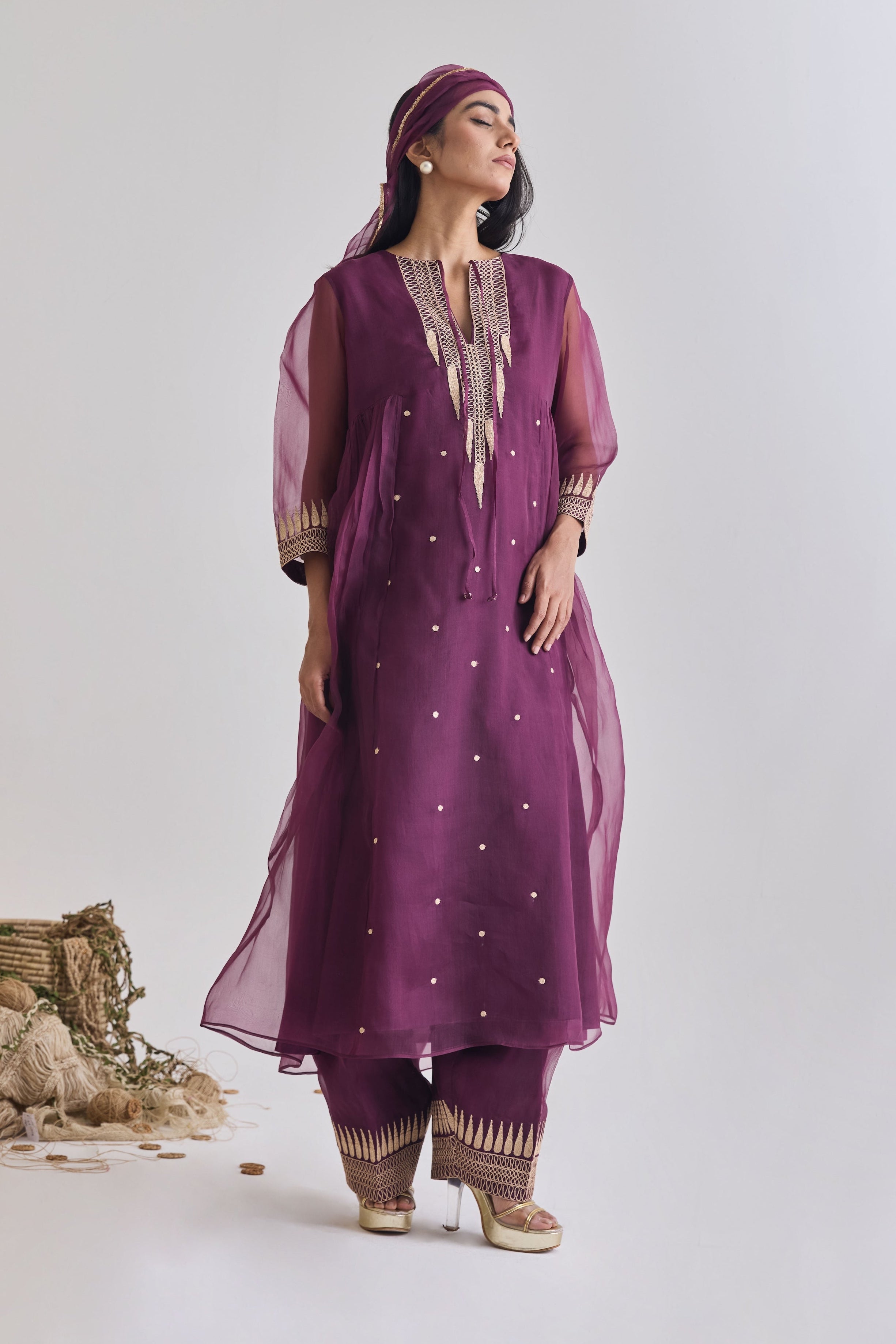Wine organza Zari temple motif kurta set - front view | Essence by Monika