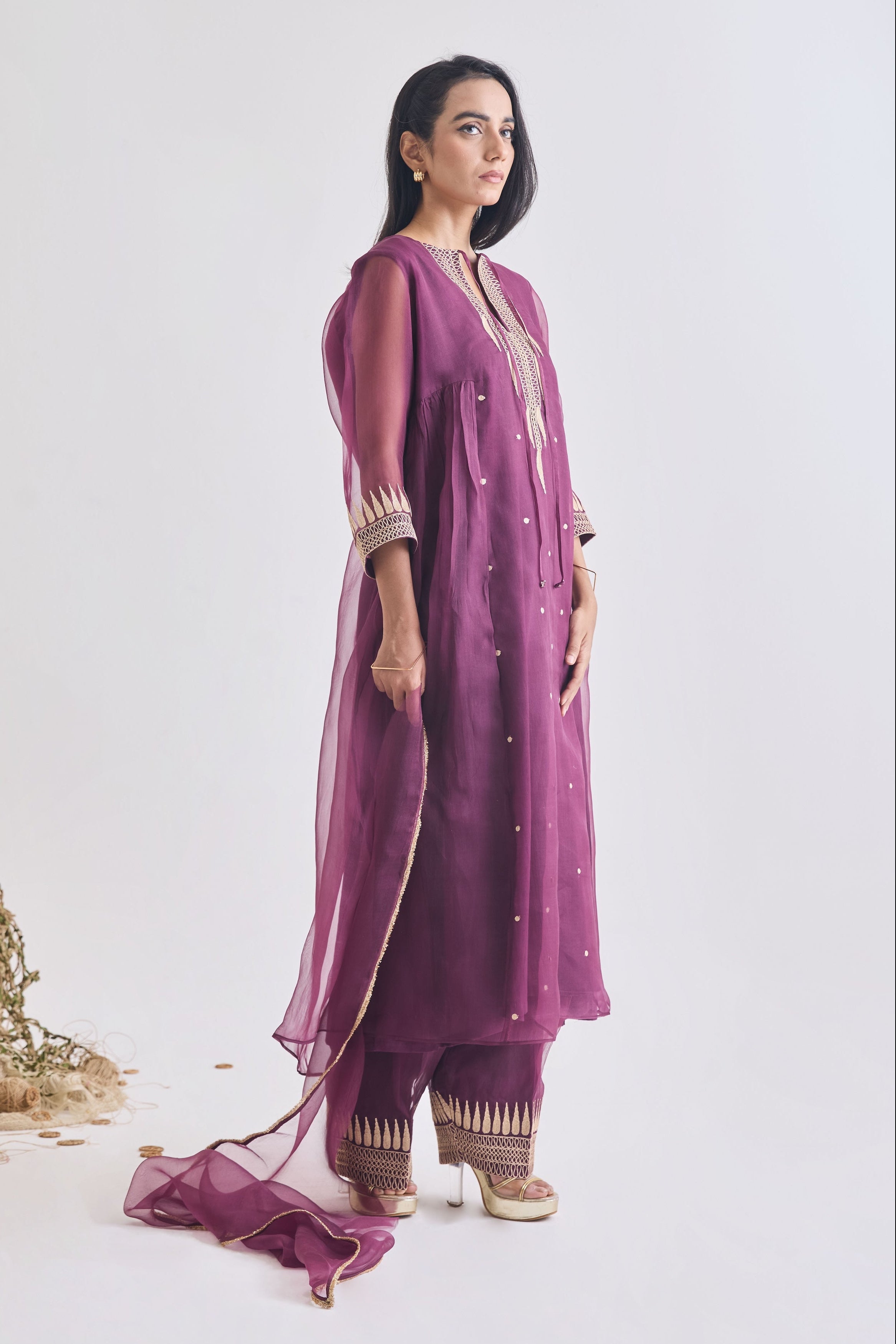 Wine organza kurta set side silhouette with side gather | Essence by Monika