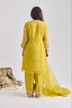 Yellow organza 3-piece kurta set, back view | Essence by Monika