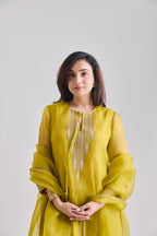 Gold temple motif zari embroidery on the neckline with French knot detail Half view | Essence by Monika