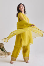 Yellow organza kurta set side silhouette with side gather | Essence by Monika