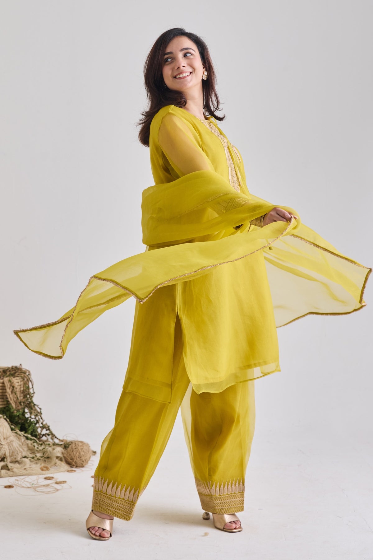 Yellow organza kurta set side silhouette with side gather | Essence by Monika