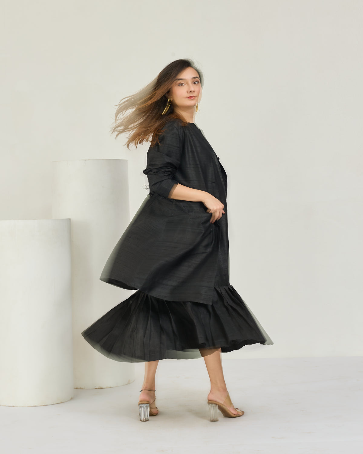 Black Raw Silk Pleated Midi Dress with Coat