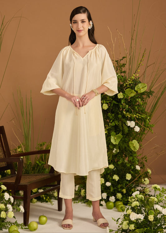 Neck Gather Long Silk Kurta With Pants
