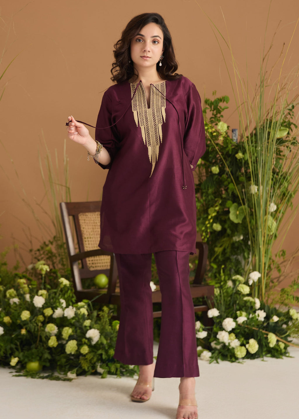 wine jute embroidered kurta set