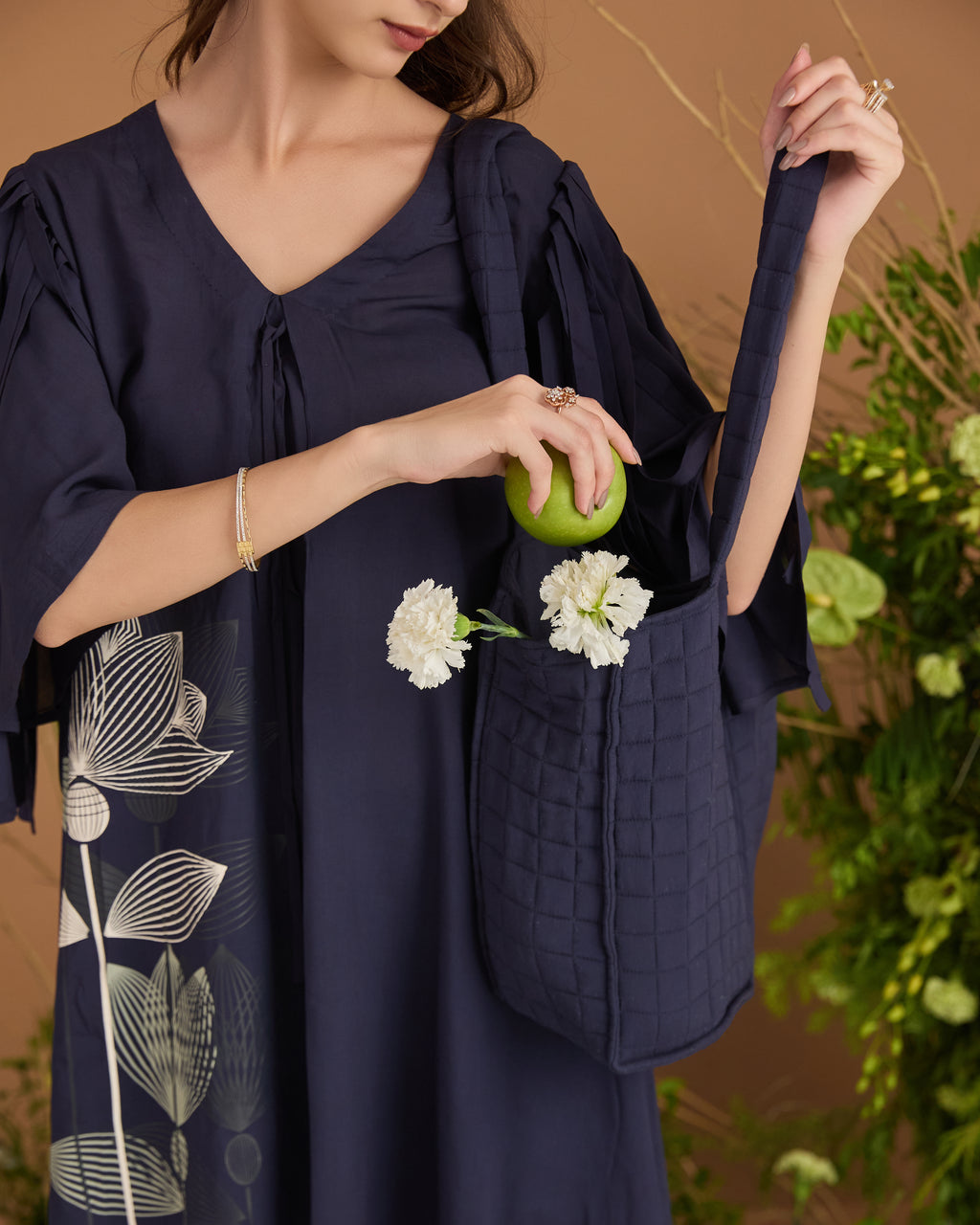 Navy Modal Cotton Floral Co-ord with Fringe Detail
