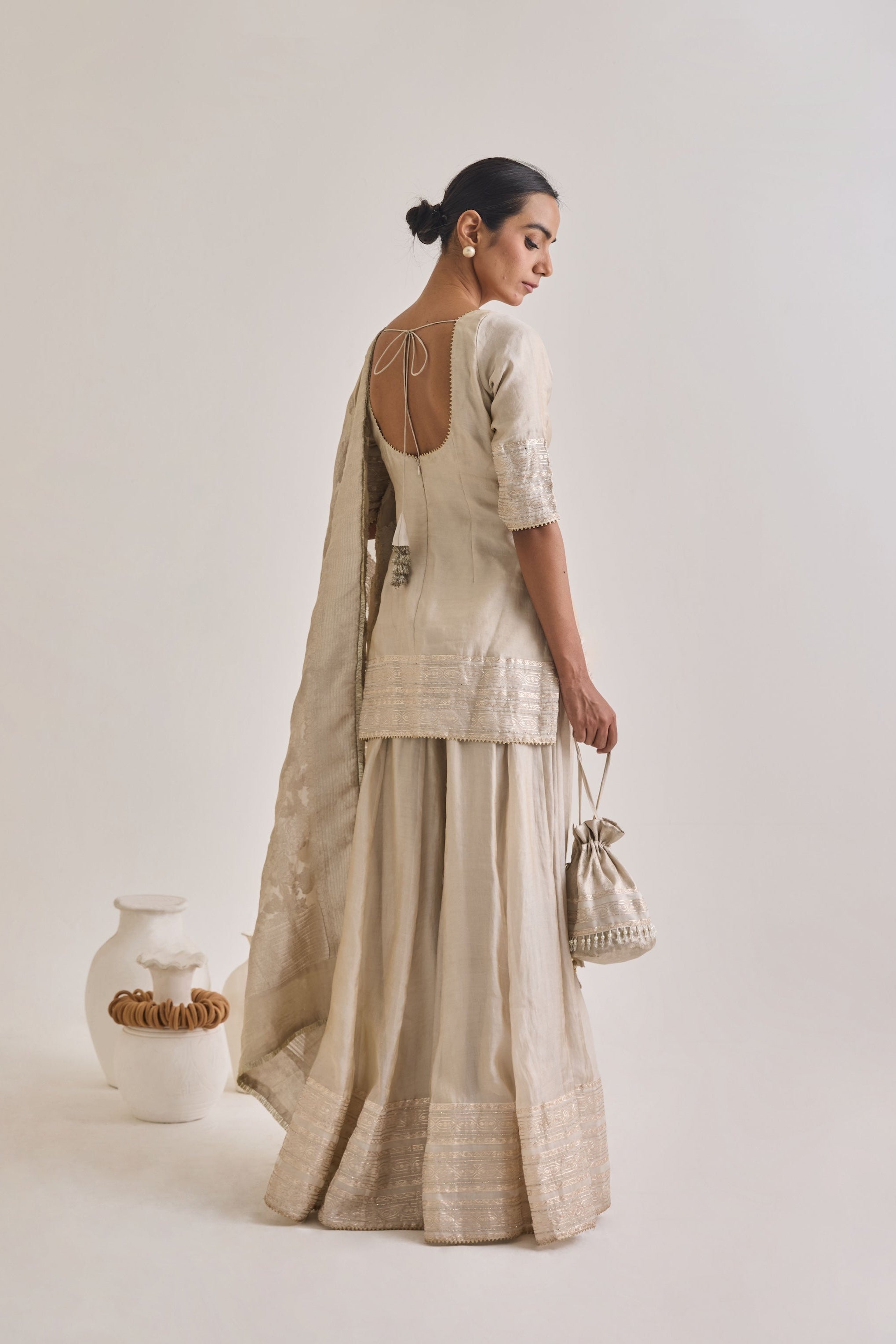 Silver Banarasi sharara set - full back view