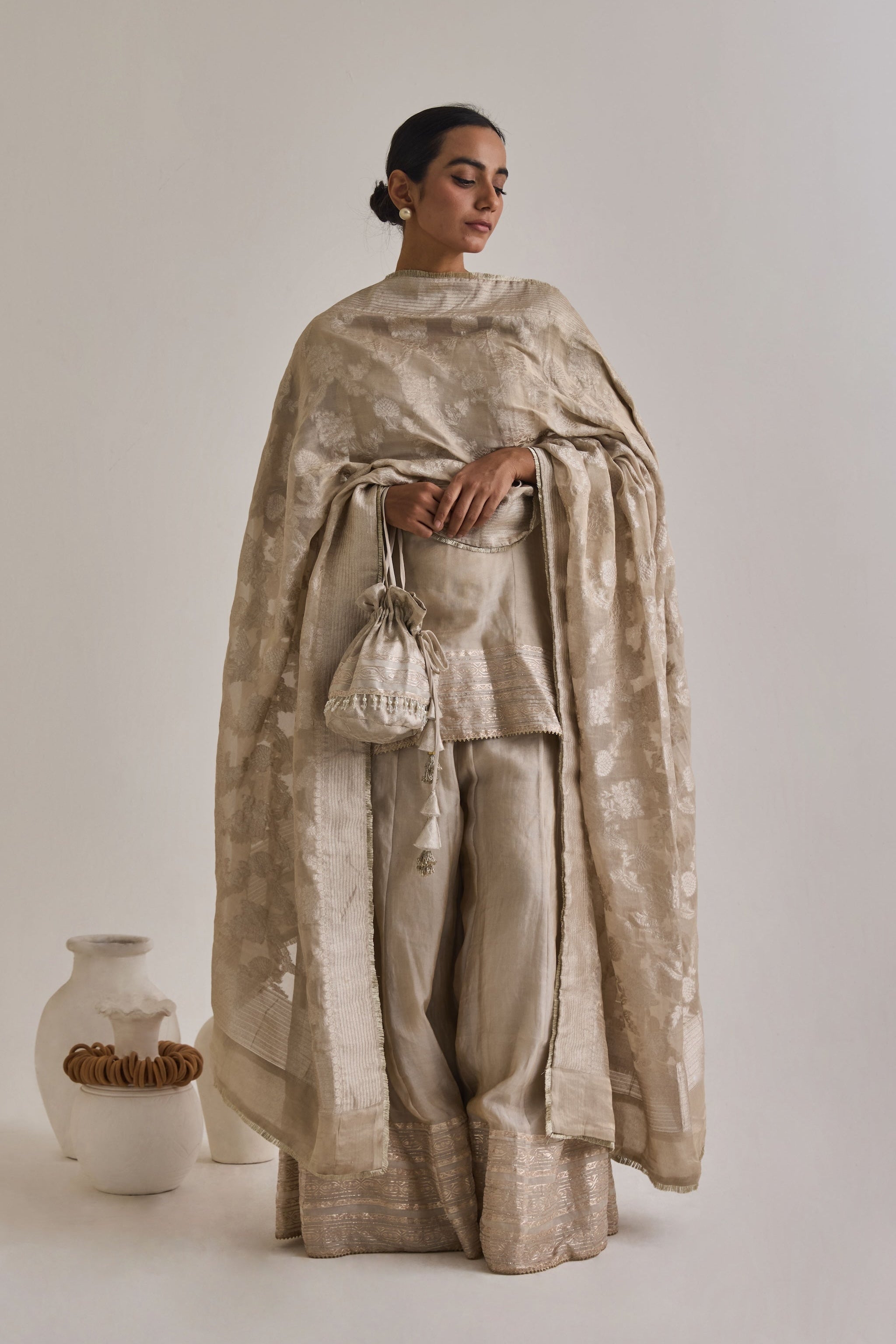 Beige Banarasi sharara set - full front view