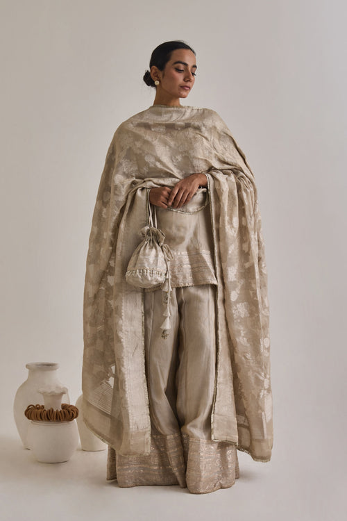 Beige Banarasi sharara set - full front view
