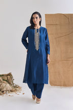 Blue Chanderi embroidered kurta set — front view