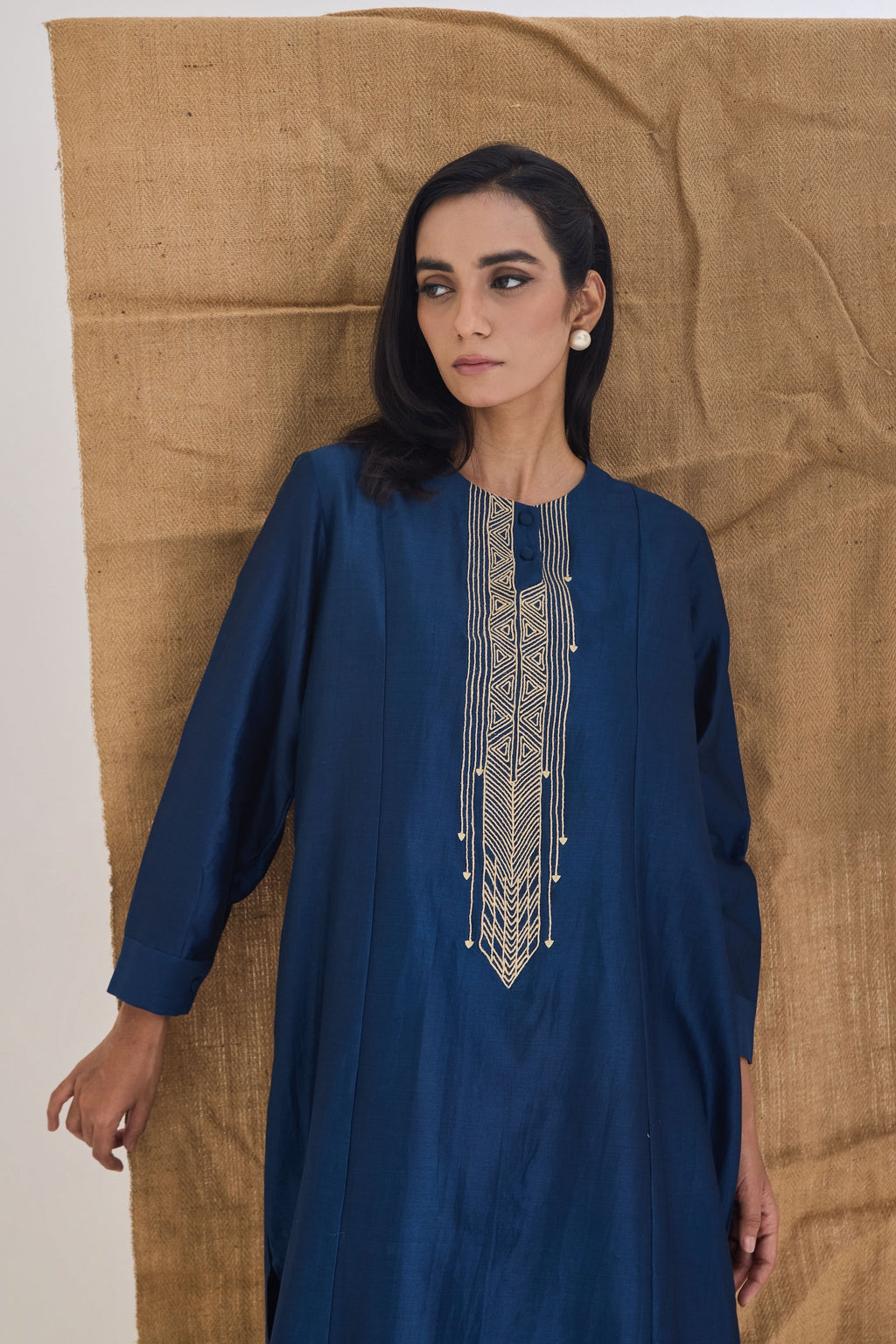 Neckline detail - handcrafted jute embroidery on Chanderi