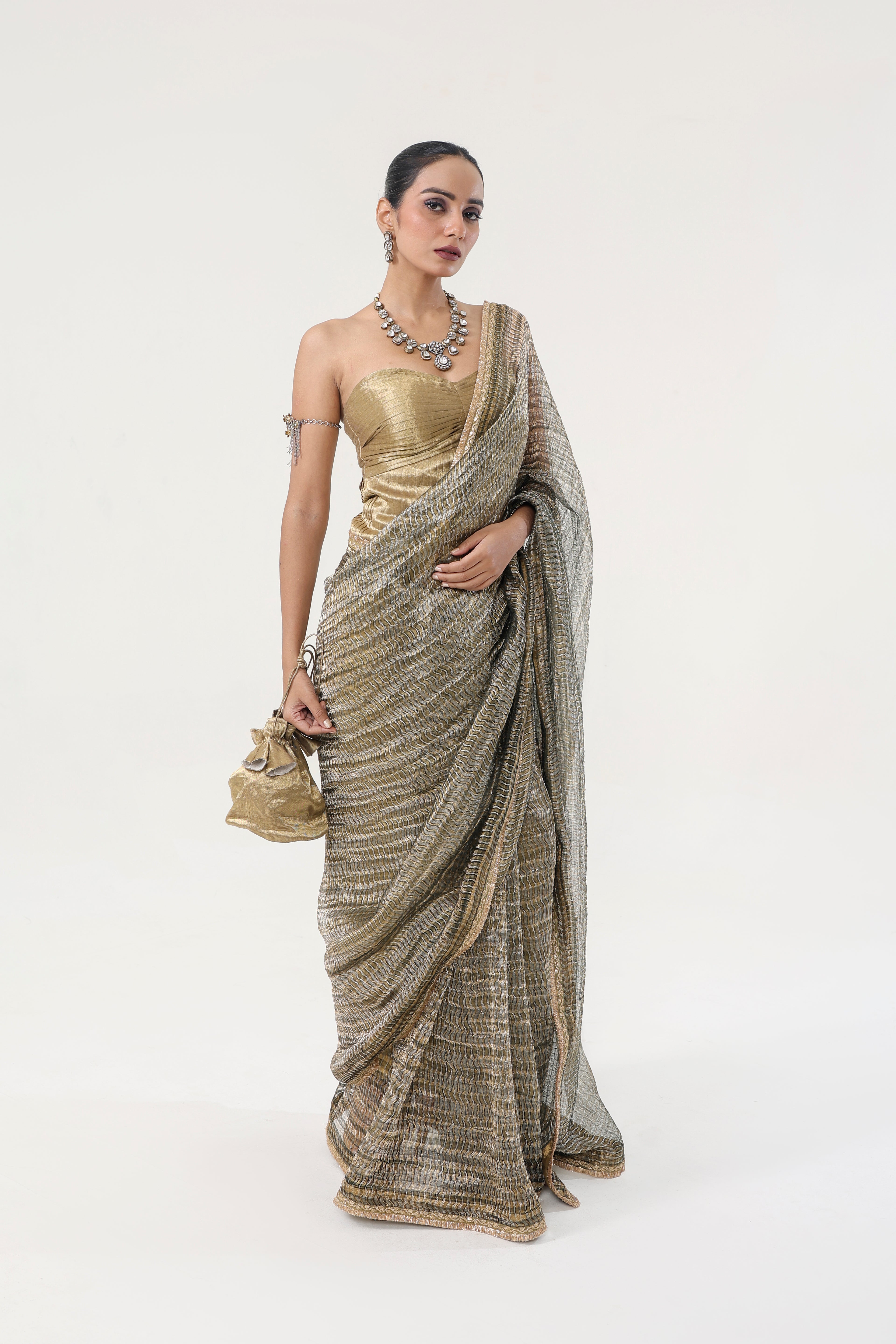 Green Metallic Weaved Tissue  Organza Saree