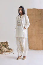 White Chanderi embroidered short kurta set - front view