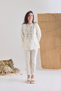 Front view - White Chanderi embroidered shirt set