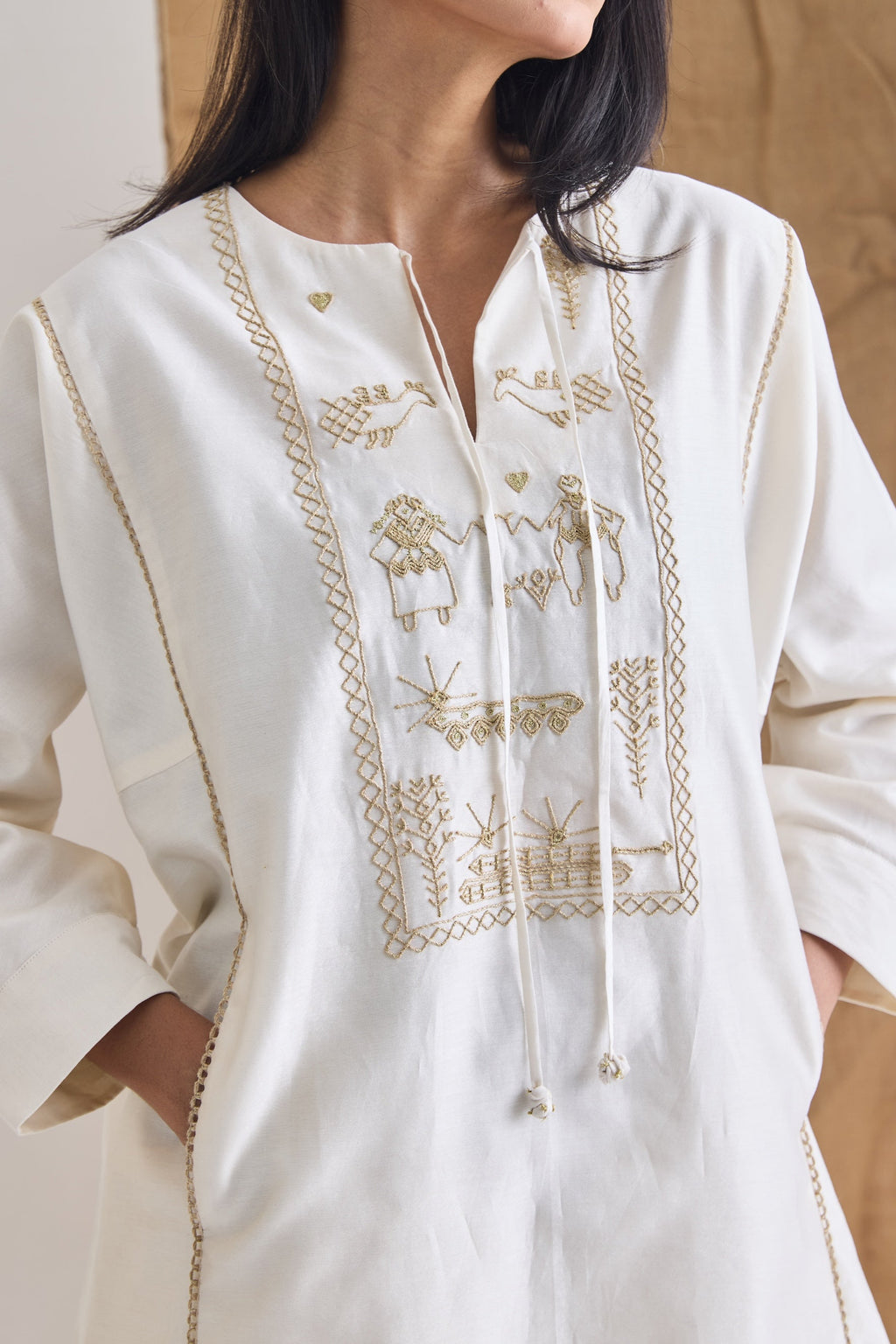 Neckline detail - handcrafted jute embroidery on Chanderi
