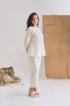 Side view - White Chanderi shirt set with pintuck pants