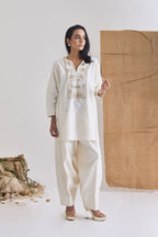 Side profile - white Chanderi short kurta with cocoon pants